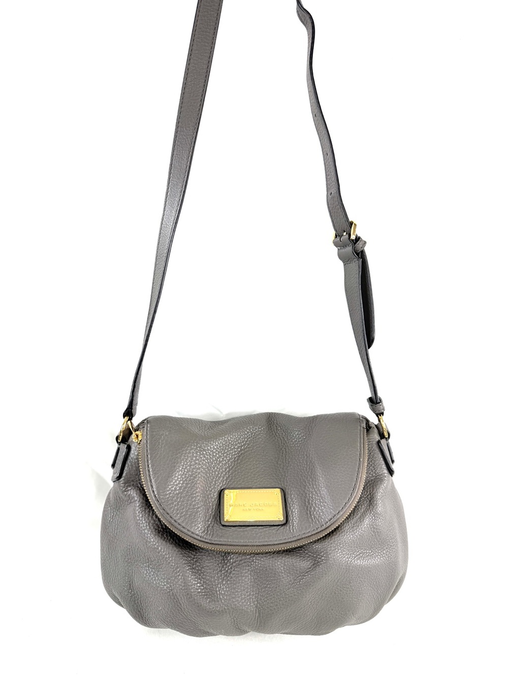 Marc Jacobs Classic Q Natasha Gray Pebbled Leather Fold Over Crossbody Bag